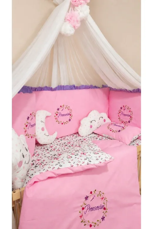 bebek_iklimi FIRKORUSN-2 60X120 Fırfırlı Nakışlı Bebek Uyku Seti - İsimli Cibinlikli Kenar Koruyucu 17 Parça