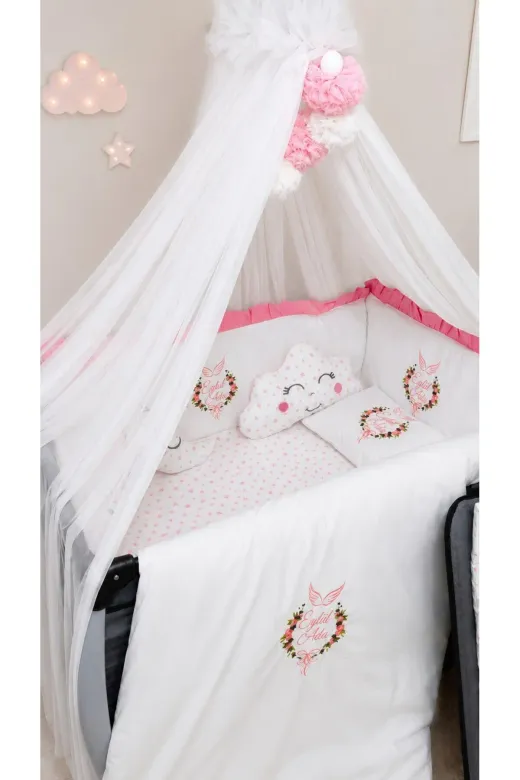 bebek_iklimi FIRKORUSN-2 70X110 Bebek Uyku Seti - Pembe Fırfırlı İsimli Nakışlı Kenar Korumalı 18 Parça