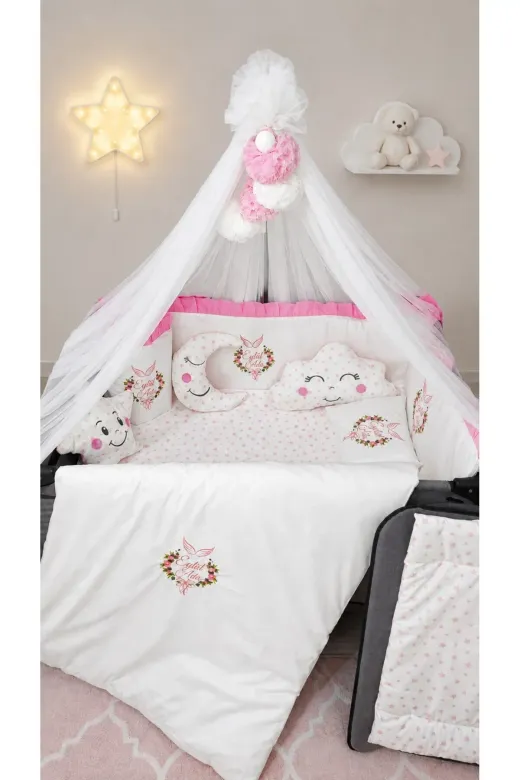 bebek_iklimi FIRKORUSN-2 70X110 Bebek Uyku Seti - Pembe Fırfırlı İsimli Nakışlı Kenar Korumalı 18 Parça