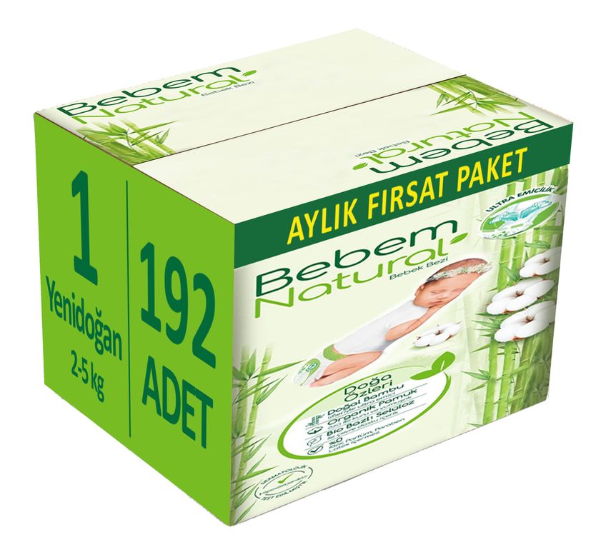 Bebem Bebek Bezi Natural 1 Beden 2-5 KG Yenidoğan 192 Adet Aylık Fırsat Pk