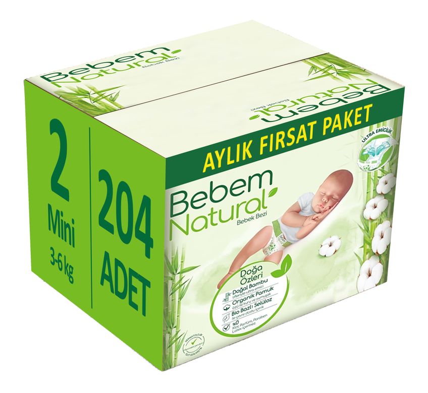 Bebem Bebek Bezi Natural 2 Beden 3-6 KG Mini 204 Adet Aylık Fırsat Pk