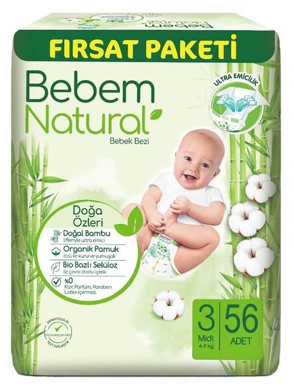Bebem Bebek Bezi Natural 3 Beden 4-9 KG Midi 56 Adet Fırsat Pk