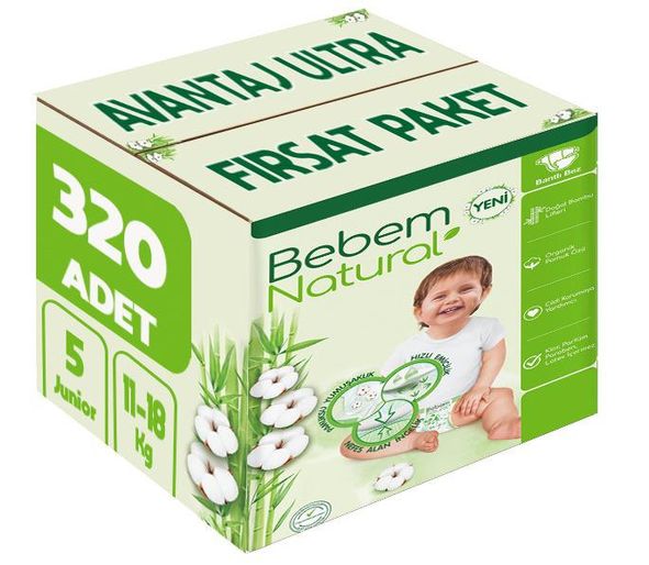 Bebem Bebek Bezi Natural 5 Beden 11-18 KG Junior 320 Adet Avantaj Ultra Fırsat Pk