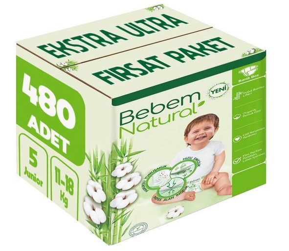 Bebem Bebek Bezi Natural 5 Beden 11-18 KG Junior 480 Adet Ekstra Ultra Fırsat Pk