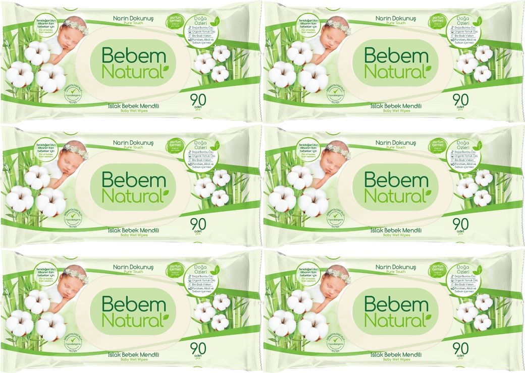 Bebem Natural Islak Bebek Mendili Narin Dokunuş / Yenidoğan 90 Yaprak Plastik Kapaklı 6 Lı Set