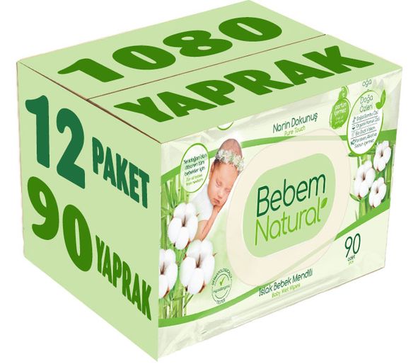 Bebem Natural Islak Bebek Mendili Narin Dokunuş / Yenidoğan 90 Yaprak Plastik Kapaklı 12 Li Set