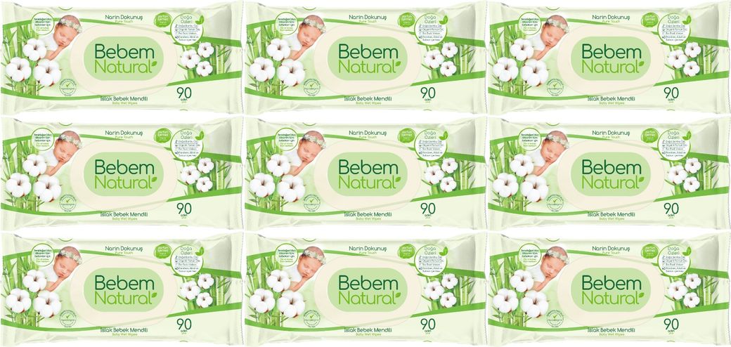 Bebem Natural Islak Bebek Mendili Narin Dokunuş / Yenidoğan 90 Yaprak Plastik Kapaklı 9 Lu Set