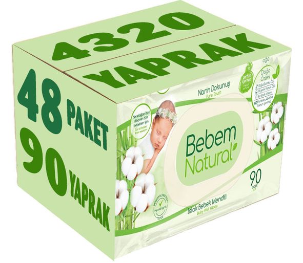 Bebem Natural Islak Bebek Mendili Narin Dokunuş / Yenidoğan 90 Yaprak Plastik Kapaklı 48 Li Set