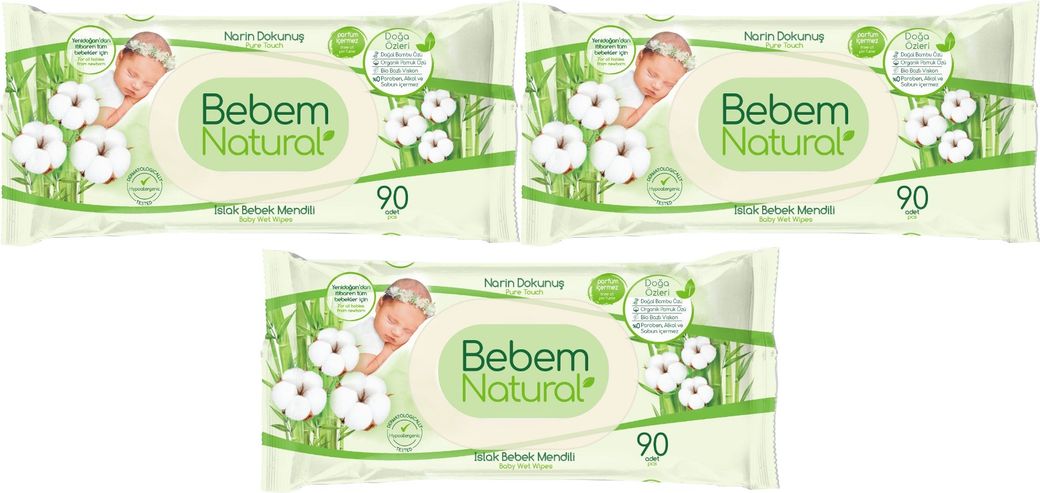 Bebem Natural Islak Bebek Mendili Narin Dokunuş / Yenidoğan 90 Yaprak Plastik Kapaklı 3 Lü Set