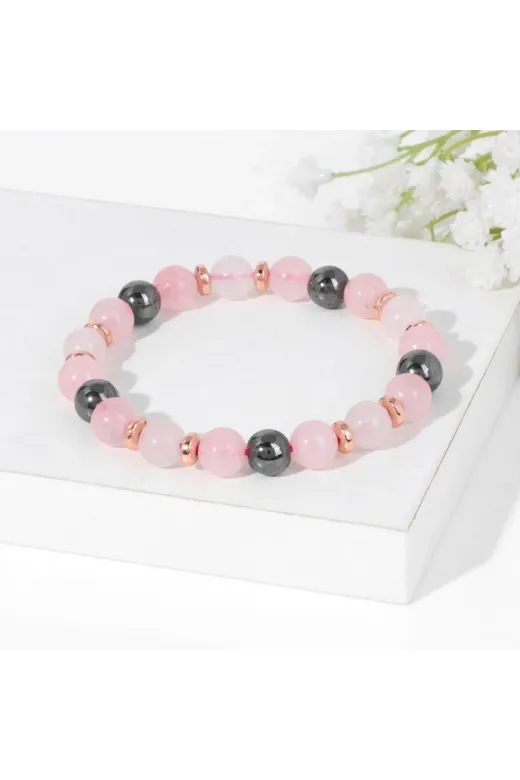 bedahşan PRA-8385720-328400 Pembe Kuvars & Hematit Doğal Taş Bileklik 8Mm
