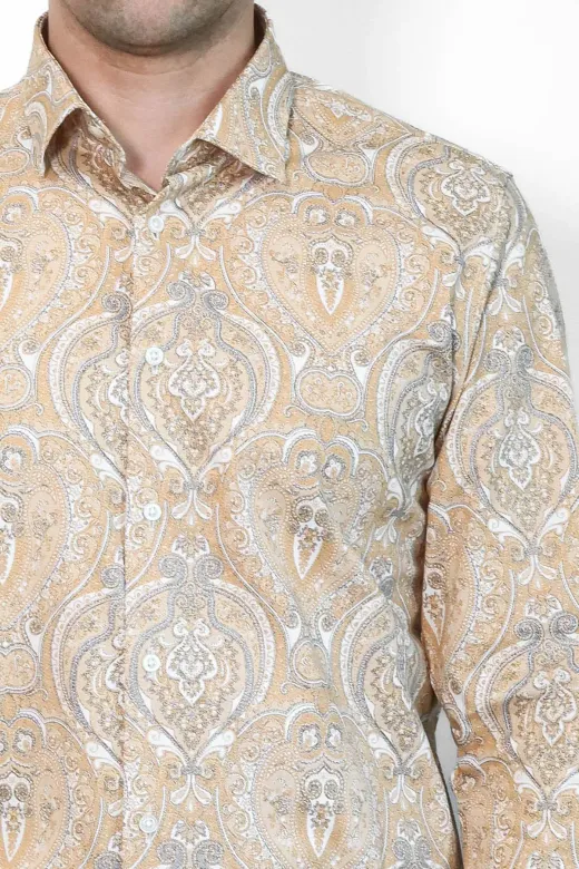 Bej Desenli Slim Fit Gömlek - Wessi - L / Bej