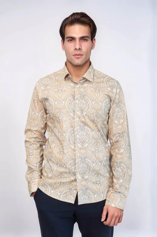 Bej Desenli Slim Fit Gömlek - Wessi - M / Bej