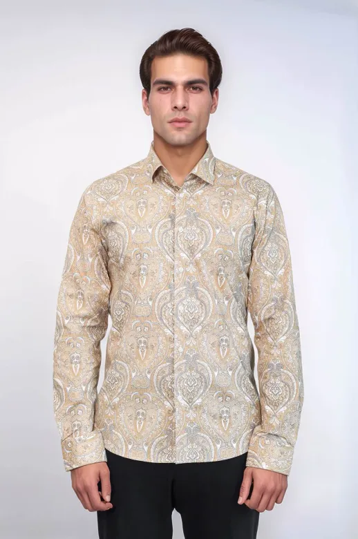 Bej Desenli Slim Fit Gömlek - Wessi - M / Bej