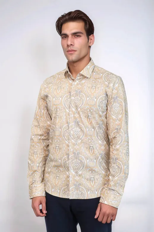 Bej Desenli Slim Fit Gömlek - Wessi - M / Bej