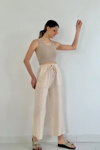 Bej Keten Pantolon - S - Bej