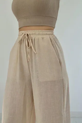 Bej Keten Pantolon - S - Bej
