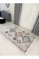 Bej - Pudra Rengi Etnik Desen Lateks Kaymaz Taban Halı