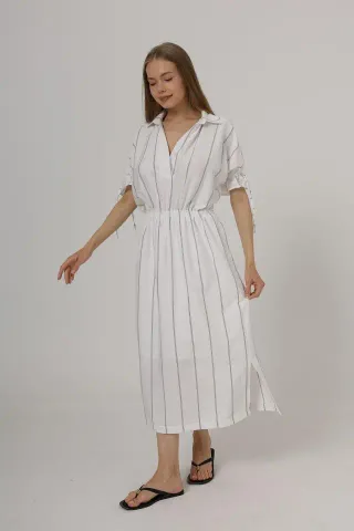 Beli Lastikli Elbise - Beyaz