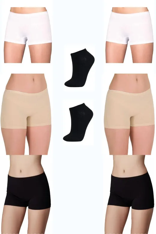 Berrak BR2101 6'lı Paket Kadın Renkli Likralı Boxer Şort 2 Çift Bambu Patik Çorap Hediyeli