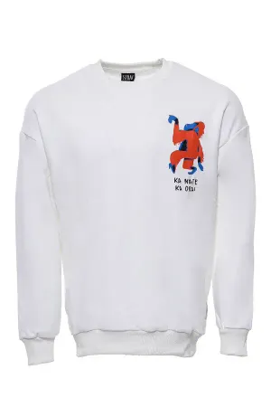 Beyaz Bisiklet Yaka Baskı Detaylı Erkek Sweatshirt - Wessi