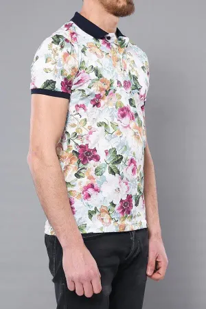 Beyaz Botanik Gül Desenli Polo Yaka T-Shirt | Wessi
