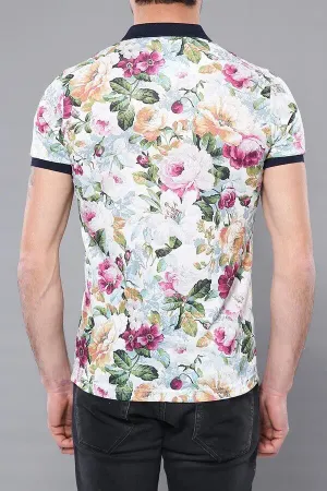 Beyaz Botanik Gül Desenli Polo Yaka T-Shirt | Wessi