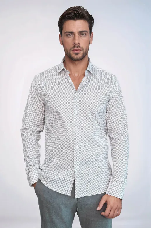 Beyaz Mini Kare Desenli Slim Fit Gömlek - Wessi - S / Beyaz