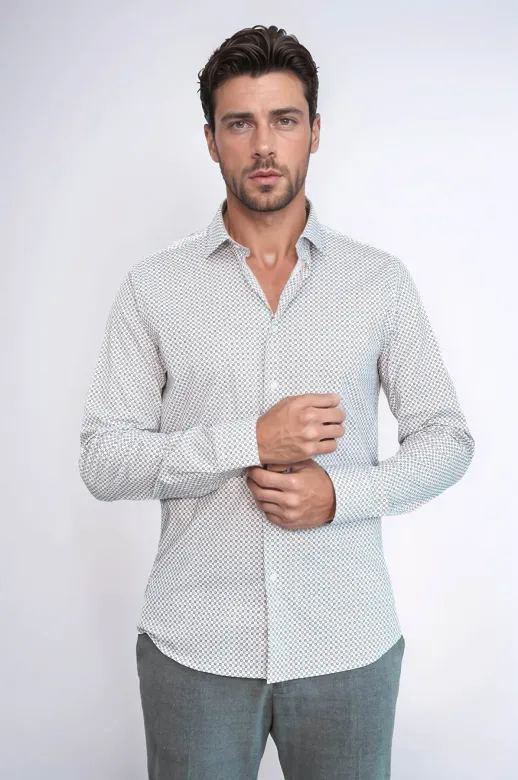 Beyaz Mini Kare Desenli Slim Fit Gömlek - Wessi - XXL / Beyaz