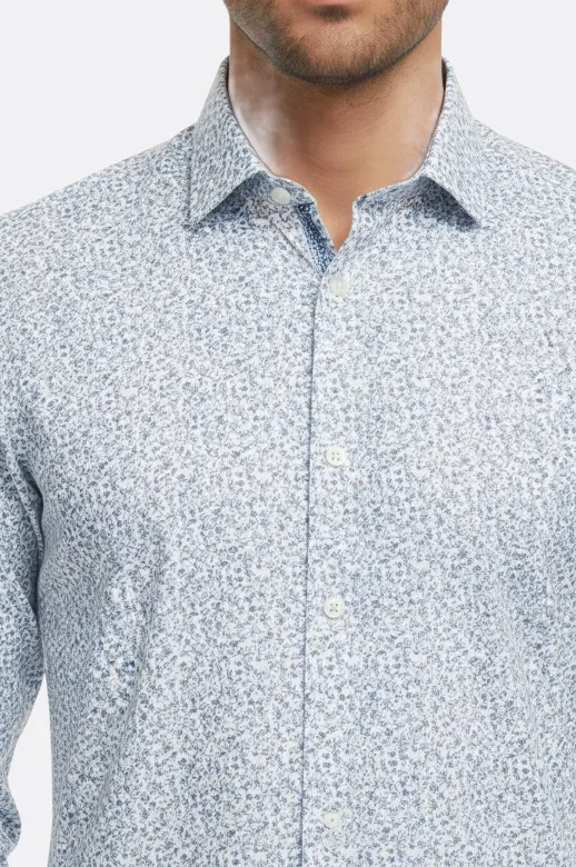 Beyaz Üzerine Mavi Çiçek Desenli Slim Fit Gömlek - Wessi - S / Beyaz