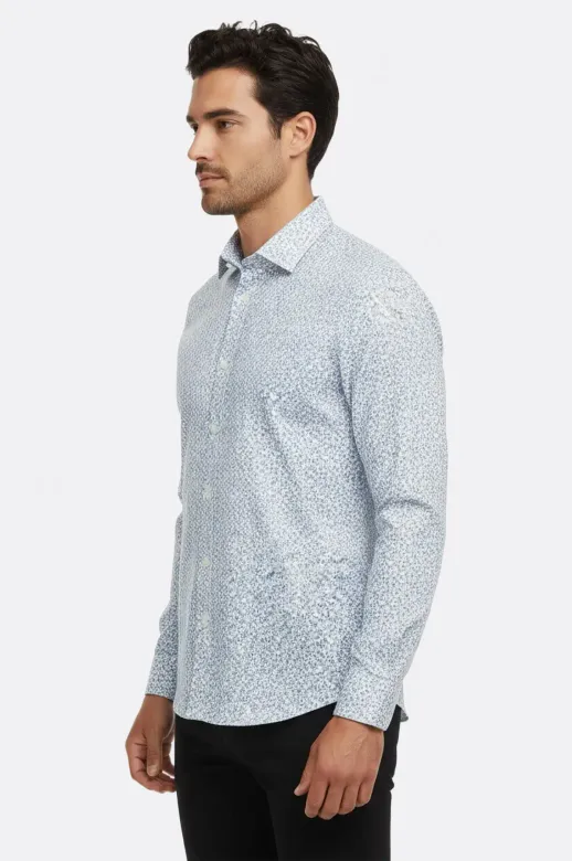 Beyaz Üzerine Mavi Çiçek Desenli Slim Fit Gömlek - Wessi - S / Beyaz