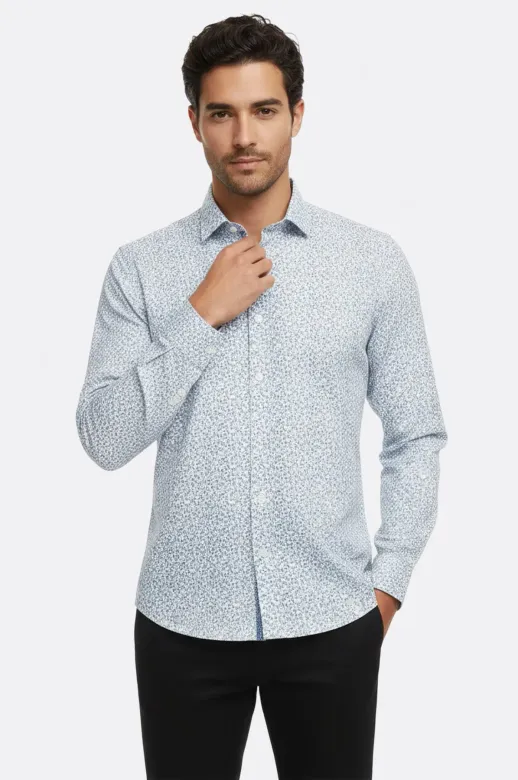 Beyaz Üzerine Mavi Çiçek Desenli Slim Fit Gömlek - Wessi - S / Beyaz