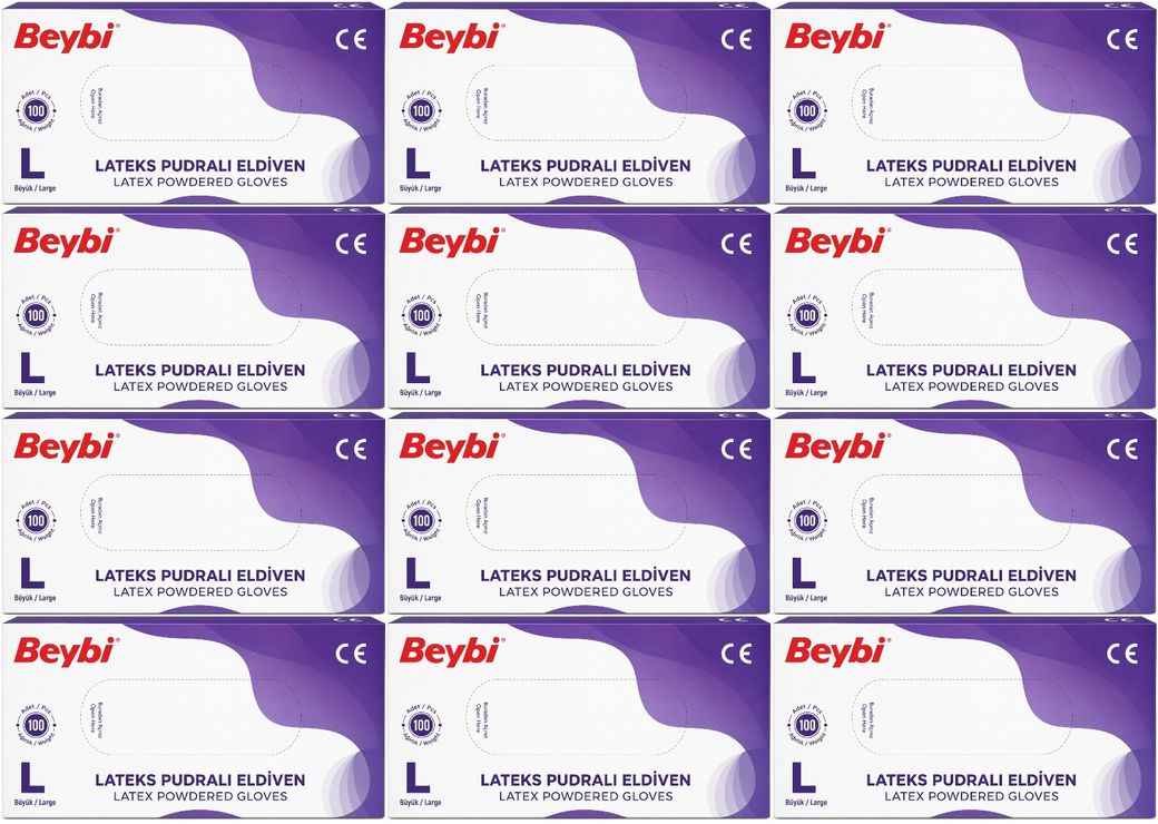 Beybi Lateks Pudralı Muayene Eldiveni L - Large - Büyük 1200 Lü Set