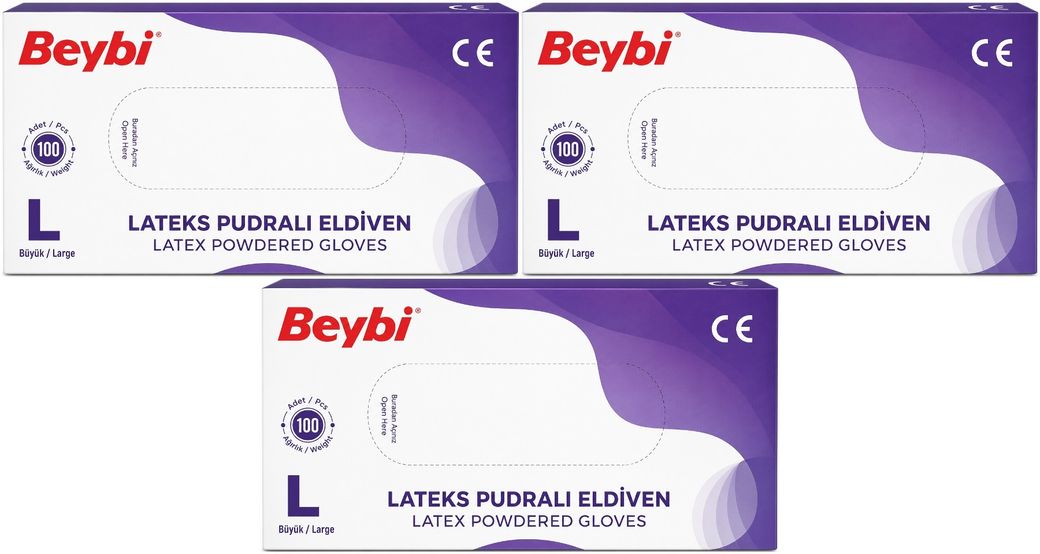 Beybi Lateks Pudralı Muayene Eldiveni L - Large - Büyük 300 Lü Set
