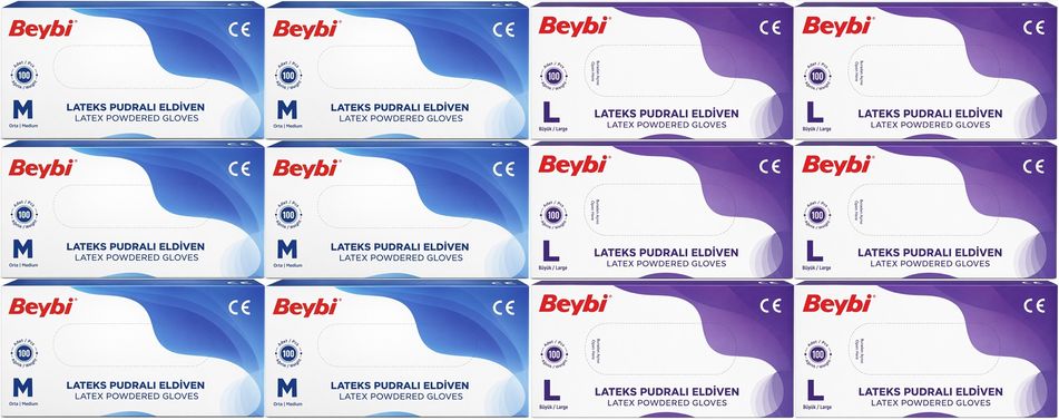 Beybi Lateks Pudralı Muayene Eldiveni M - Medium - Orta / L - Large - Büyük Karma 1200 Lü Set