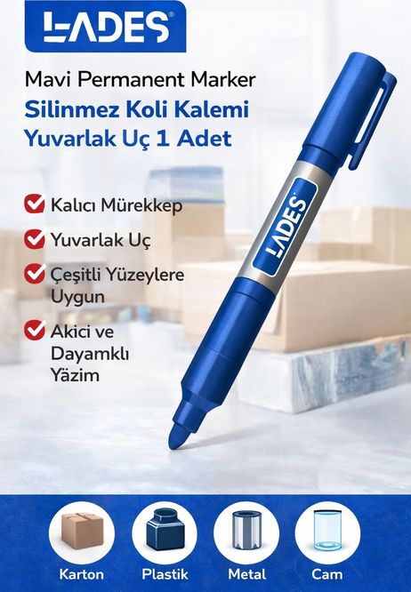 Bezos 3MjAyMTQ2NDYwMA-BLNC Lades Mavi Permanent Marker Silinmez Koli Kalemi Yuvarlak Uç 1 Adet