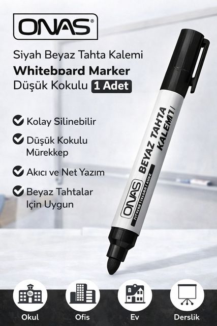 Bezos 3MjAyMTYyNjQ0Mw-BLNC Onas Siyah Beyaz Tahta Kalemi Whiteboard Marker Düşük Kokulu 1 Adet Diğer