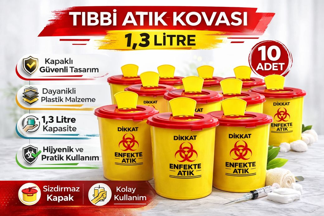 Bezos 3MjUzNjMwOTI1OA-BLNC Tıbbi Atık Kovası 1,3 Litre 10 Adet Kapaklı Tıbbi Atık Kutusu Enfekte Atık Kovası Seti Siyah