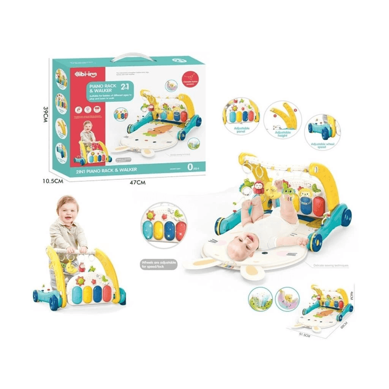 BIB6015 -Piyanolu 2 in 1 Bebek Yürüteci ve Tavşan Desenli Mavi Oyun Halısı