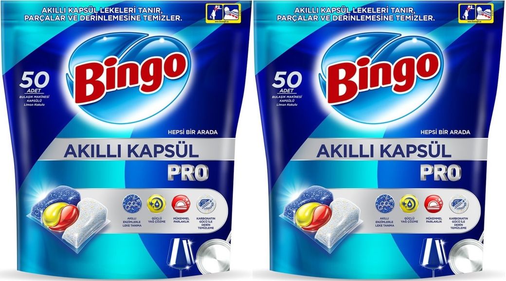 Bingo Akıllı Kapsül Pro Bulaşık Makinesi Deterjanı Tableti 100 Adet Limon Kokulu (2PK*50)
