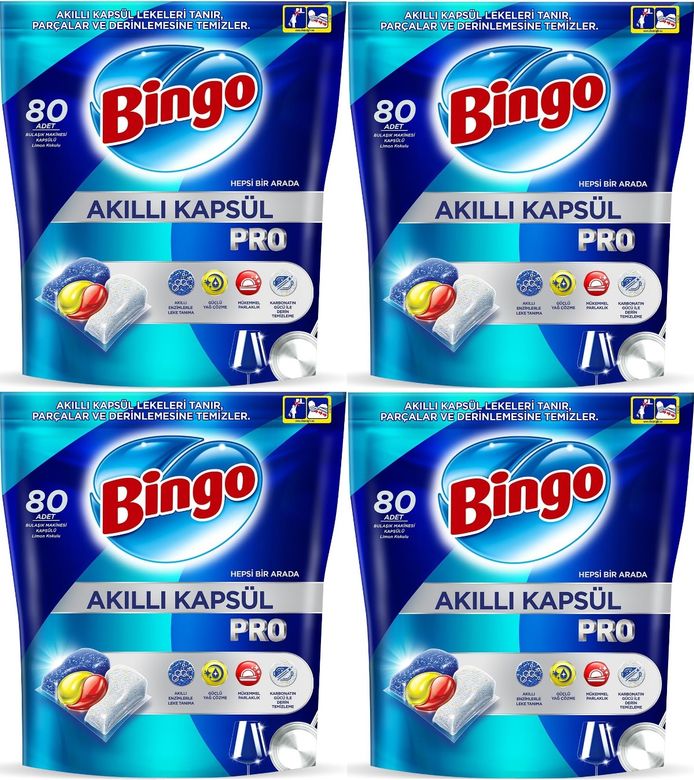 Bingo Akıllı Kapsül Pro Bulaşık Makinesi Deterjanı Tableti 320 Adet Limon Kokulu (4PK*80)