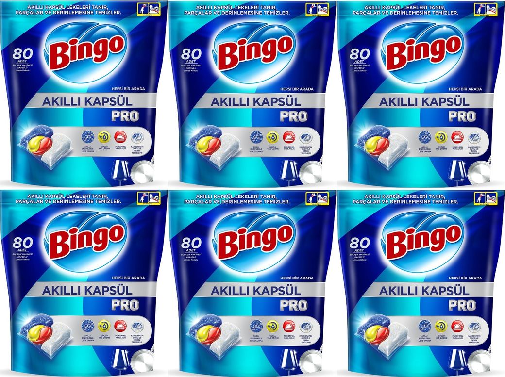 Bingo Akıllı Kapsül Pro Bulaşık Makinesi Deterjanı Tableti 480 Adet Limon Kokulu (6PK*80)