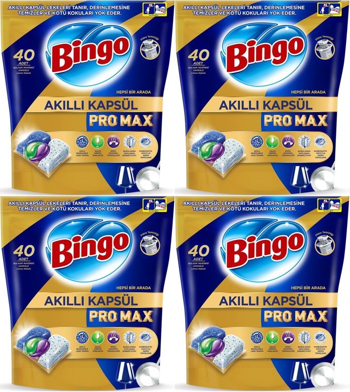 Bingo Akıllı Kapsül Pro Max Bulaşık Makinesi Deterjanı Tableti 160 Adet Limon Kokulu (4PK*40)