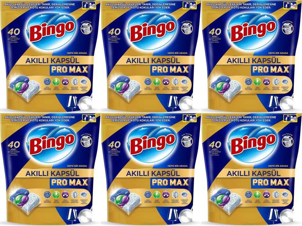 Bingo Akıllı Kapsül Pro Max Bulaşık Makinesi Deterjanı Tableti 240 Adet Limon Kokulu (6PK*40)
