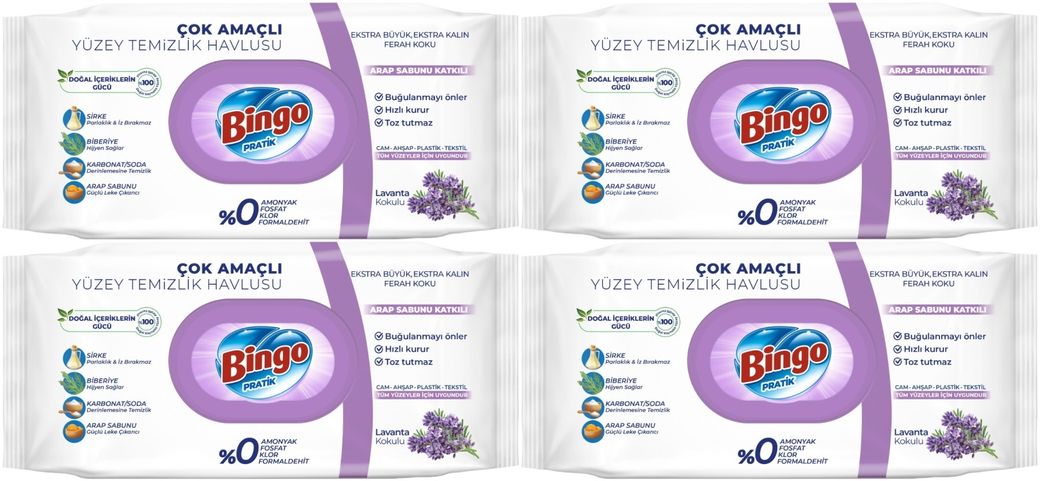 Bingo Clean Yüzey Temizlik Havlusu 96 Yaprak Lavanta Kokulu Plastik Kapaklı (4 Lü Set) 384 Yaprak