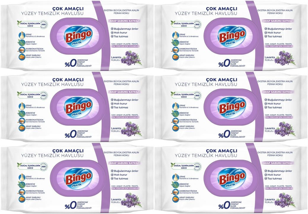 Bingo Clean Yüzey Temizlik Havlusu 96 Yaprak Lavanta Kokulu Plastik Kapaklı (6 Lı Set) 576 Yaprak
