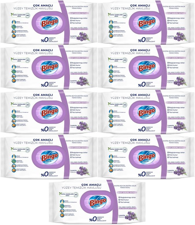 Bingo Clean Yüzey Temizlik Havlusu 96 Yaprak Lavanta Kokulu Plastik Kapaklı (9 Lu Set) 864 Yaprak
