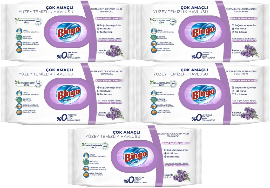 Bingo Clean Yüzey Temizlik Havlusu 96 Yaprak Lavanta Kokulu Plastik Kapaklı (5 Li Set) 480 Yaprak