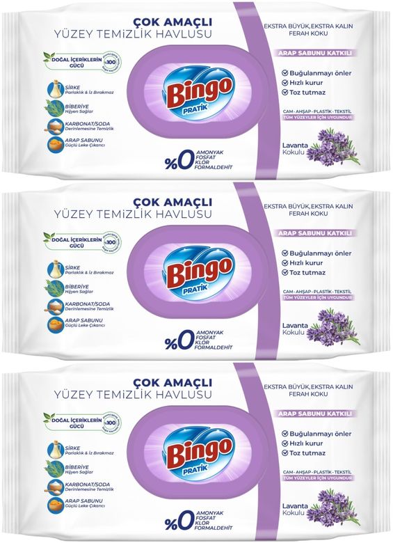Bingo Clean Yüzey Temizlik Havlusu 96 Yaprak Lavanta Kokulu Plastik Kapaklı (3 Lü Set) 288 Yaprak