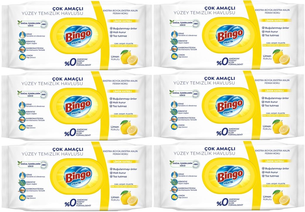 Bingo Clean Yüzey Temizlik Havlusu 96 Yaprak Limon Kokulu Plastik Kapaklı (6 Lı Set) 576 Yaprak