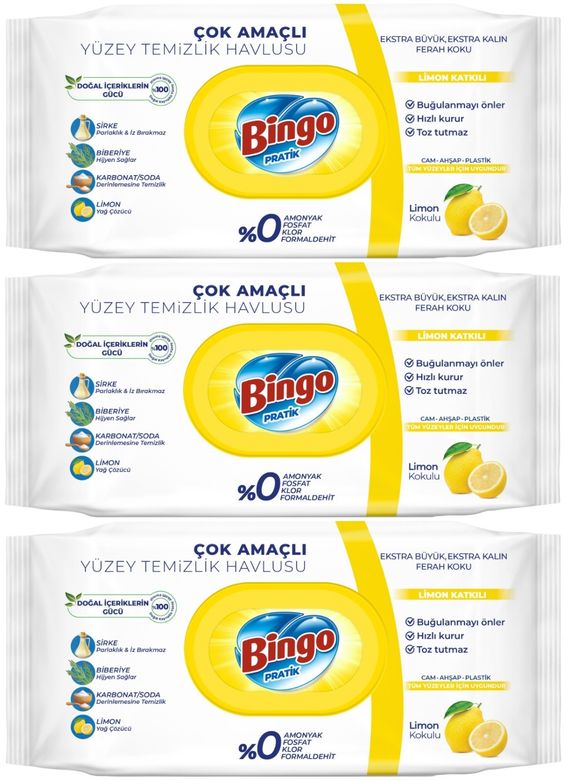 Bingo Clean Yüzey Temizlik Havlusu 96 Yaprak Limon Kokulu Plastik Kapaklı (3 Lü Set) 288 Yaprak